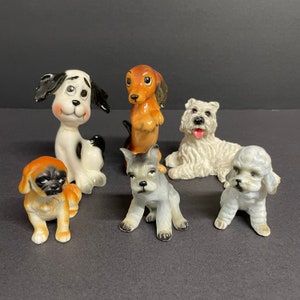 Vintage puppy dog lot of 6 Scotty, dachshund, terrier, poodle and others made in Japan ceramic figurines salt and pepper shakers brown white