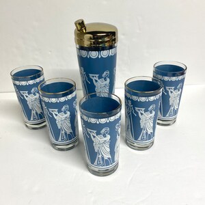 Vintage Jeannette Hellenic Blue Glass and pitcher set Mid Century Roman Greek Corinthian Tumbler Wedgwood Jasperware Style Juice Glasses