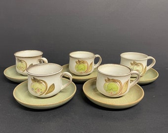 Vintage Denby 'Troubadour' Cup & Saucer Sets hand painted set of 2 stoneware Made in England