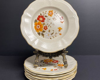 Vintage Wildflower ironstone salad plates set of 6 beige with orange and brown flowers supper plates made in Japan boho chic Kitchenware