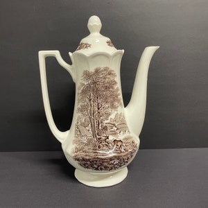 Vintage J & G Meakin Romantic England Teekanne Royal Staffordshire Keramikkaffeekanne braun Kühe, Cottage und Bäume entwerfen