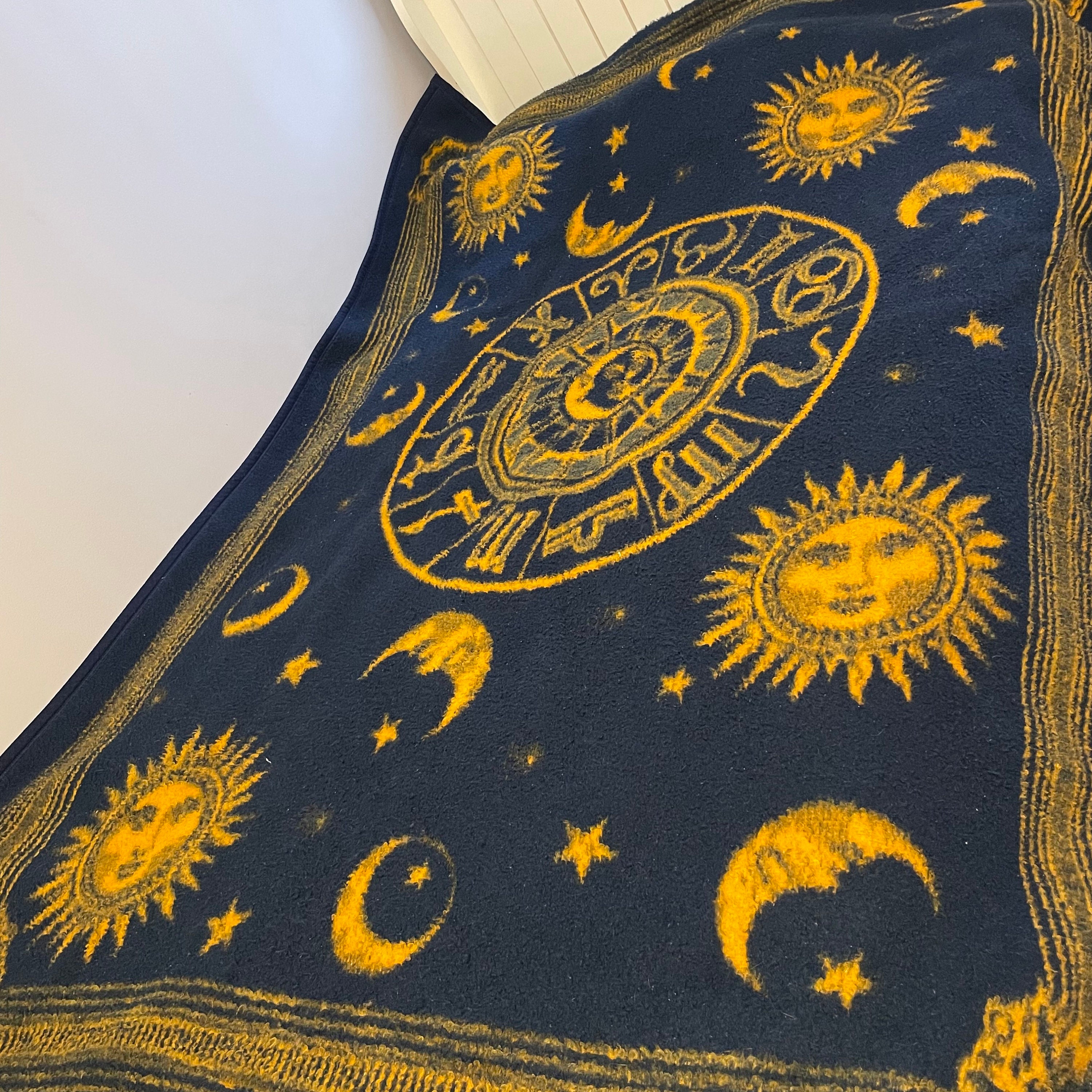 Stars Vintage Moon BIEDERLACK Etsy Made 80 Throw Celestial in Germany 57 Navy Sun Wheel - X Yellow With and Blue Blanket Blanket Reversible Zodiac