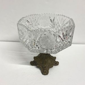 Vintage leaded cut crystal glass compote footed pedestal bowl West German large heavy fruit dish glassware centrepiece brass base candy bowl