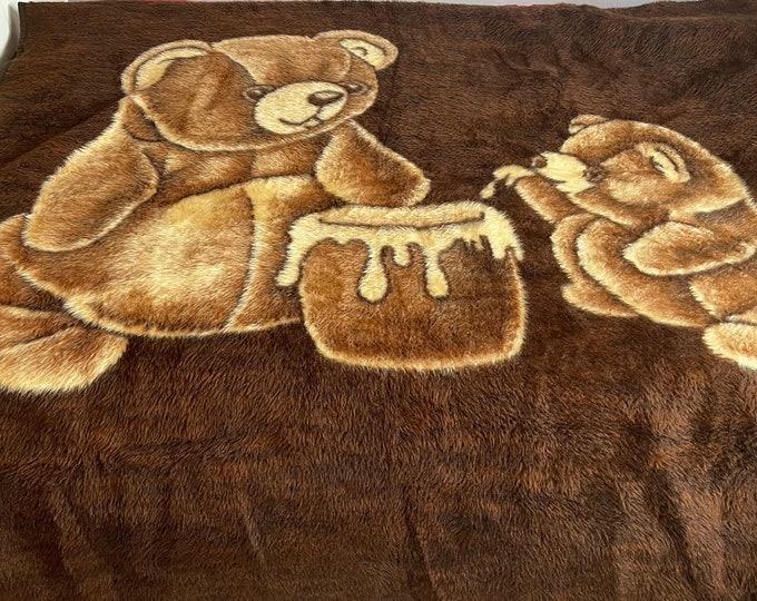 Vintage Biederlack Reversible Blanket Brown and Beige With Teddy Bears Eating Honey Made in West