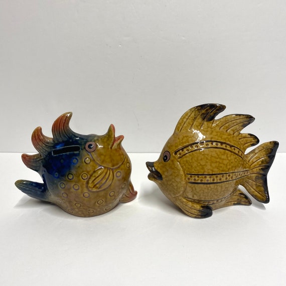 Vintage Ceramic Fish Piggy Bank Coin Bank Brown and Gold Tones