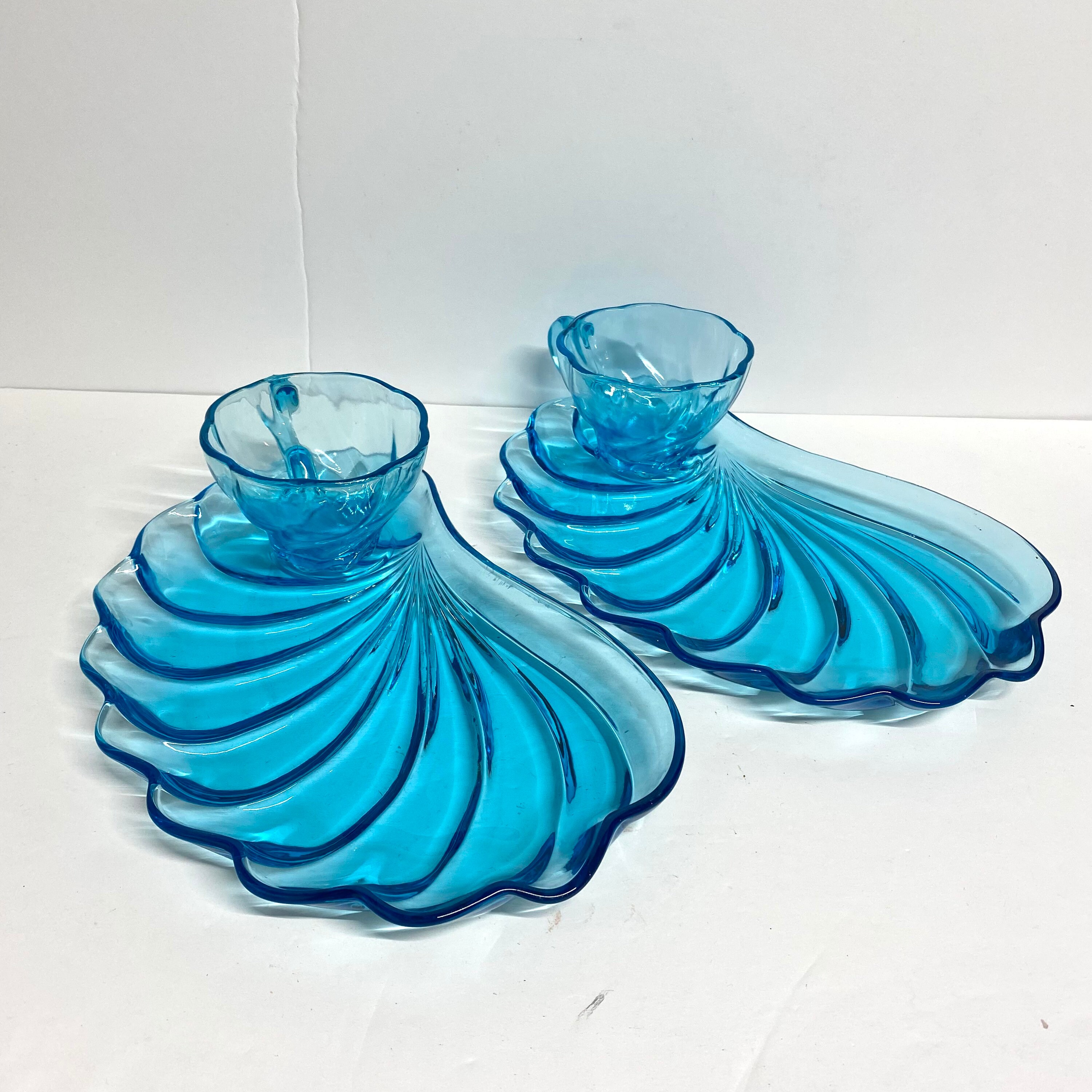 Vintage 1960s Blue Glass Hazel Atlas Capri Snack Sets Vintage 1960s Blue Glass Hazel Atlas Capri Snack Sets