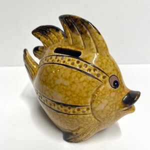 Vintage ceramic fish piggy bank coin bank brown and gold tones nautical theme retro boho chic tabletop farmhouse beach decor