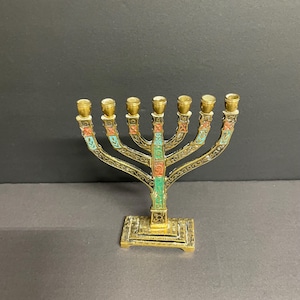 Vintage gold tone Metal 7 Candle Menorah with aqua and red colours, Hanukkah Chanukah religious item