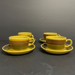 Vintage Stavangerflint Norway tea cups and saucers #2561 brown green and dark yellow Scandinavian kitchenware Honey pattern by Inge Waage