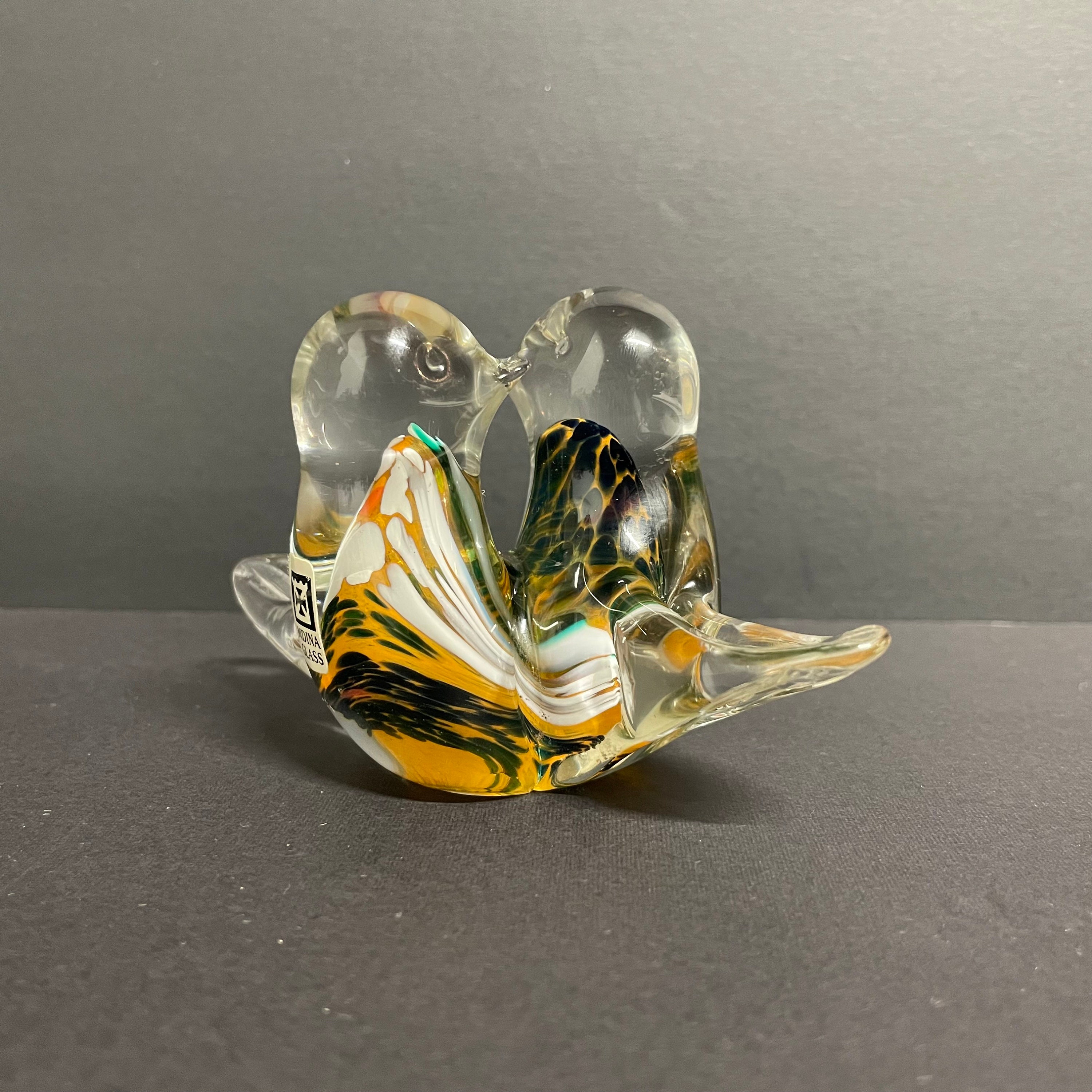 Vintage Mdina Glass Love Birds Handblown in Green Orange and Black