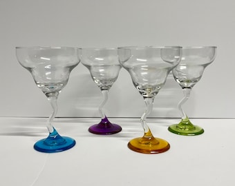 Vintage Libbey Margarita glasses colourful retro colours base set of 4 cocktail glasses zig zag Z stems design