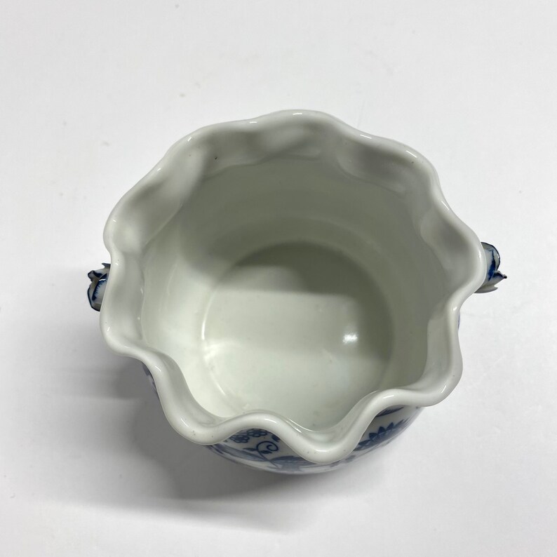 Vintage Vienna Woods blue and white planter candy or sugar dish with rose shaped handles and a ruffled top decorative for herbal garden image 6