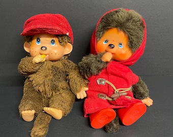 Vintage sekuguchi monchhichi hairy doll pair pacifier and banana sucking monkey babies retro Japanese big eyed anime character set of 2