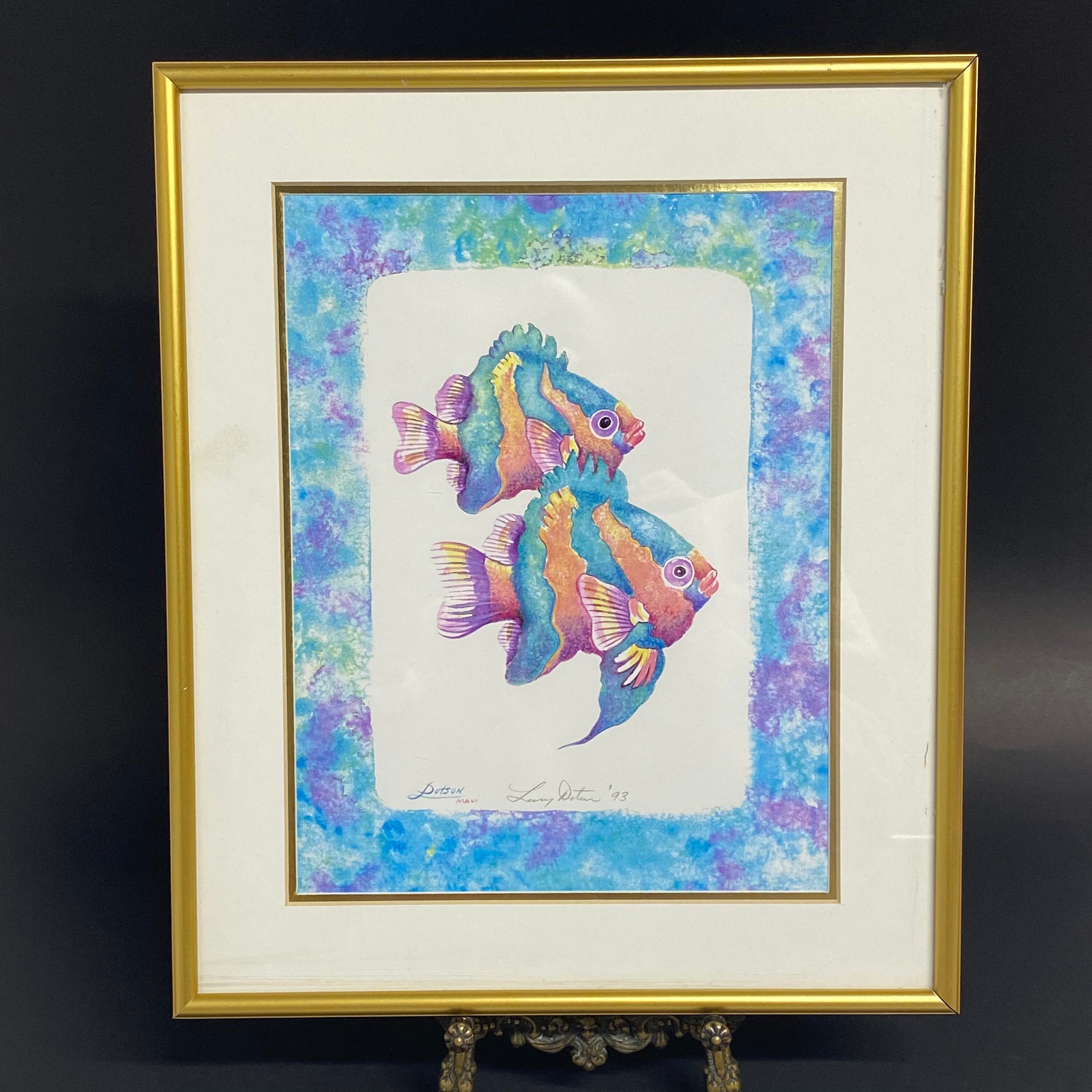【 マリーン・アート】マウイ Larry Dotson アルミ・フレームとも Vintage Larry Dotson Rainbow Fish Artwork Signed and Dated