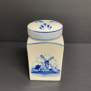 Pot à épices de Delft bleu et blanc vintage avec rangement du thé, boîte de café, pot d&#39;apothicaire avec boîte teinket de moulins à vent peints à la main