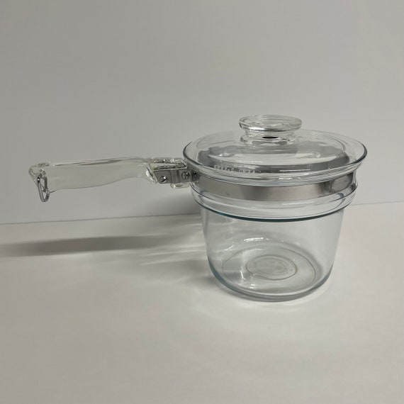 Pentola vintage in vetro trasparente Pyrex da 2 QT con coperchio