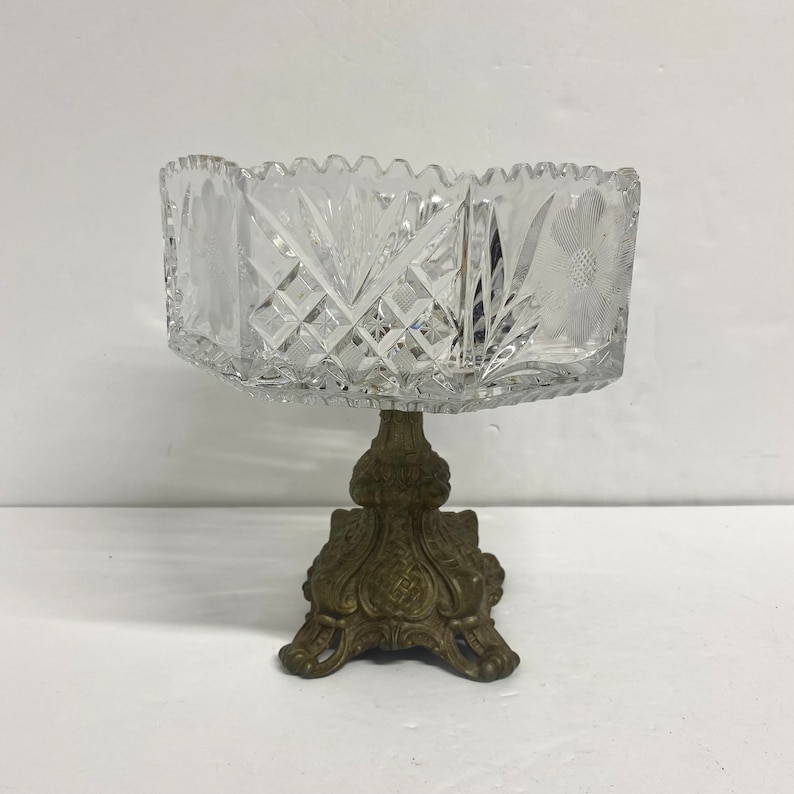 Vintage Leaded Cut Crystal Glass Compote Footed Pedestal Bowl Etsy