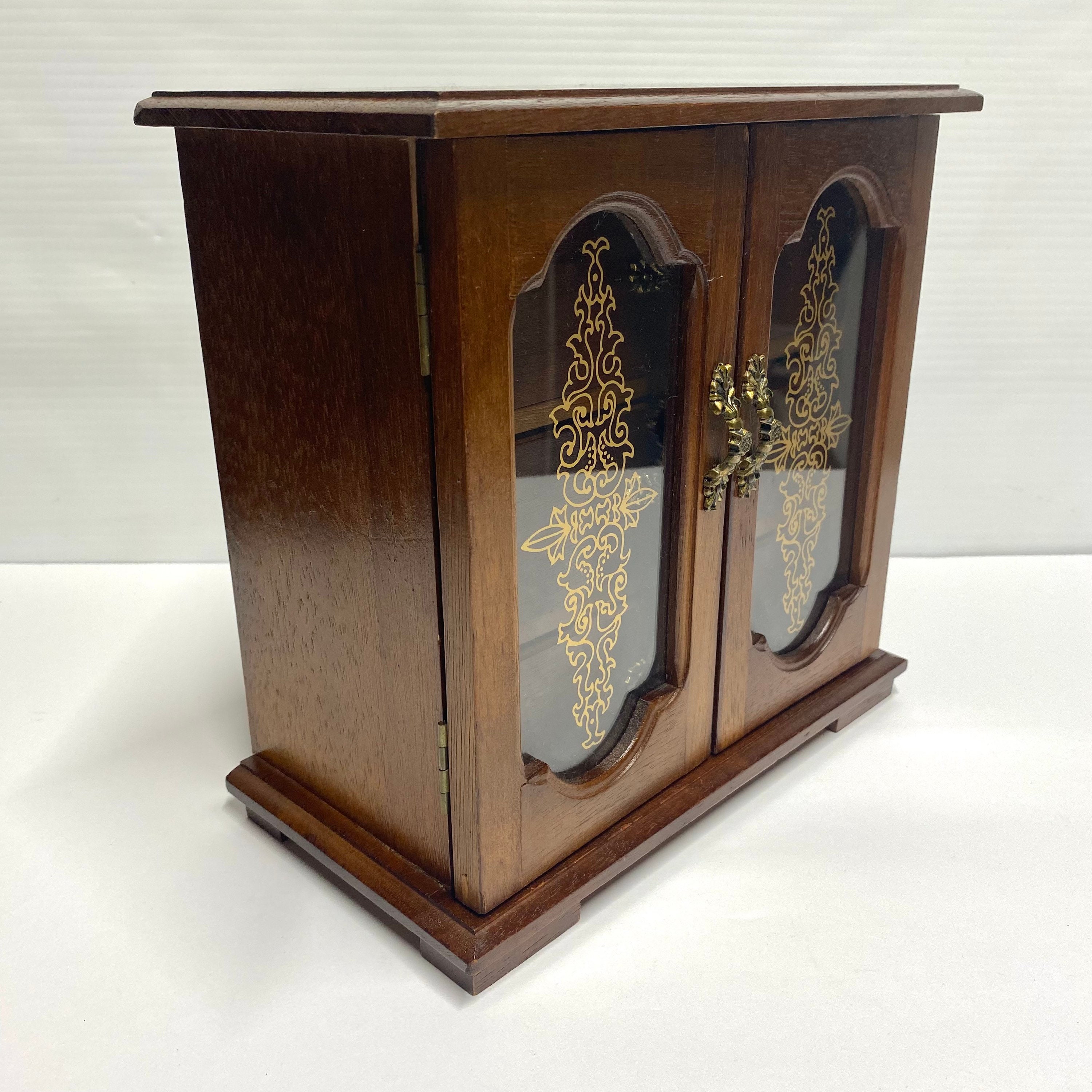 Vintage Wooden Jewelry Box Mele Stencilled Gold Glass Door