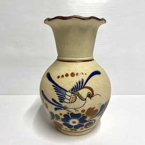 Vintage tonala vase with bird and floral design beige, cobalt blue and brown colours hand painted in Mexico