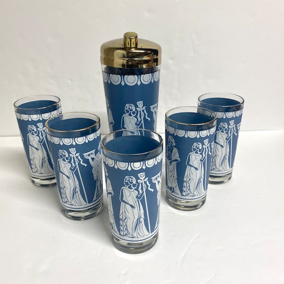【希少】ヴィンテージ ART glass STENHYTAA W.W. Vintage Jeannette Hellenic Blue Glass and Pitcher Set Mid Century