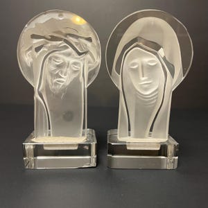 Vintage Crystal Handmade Paperweight Jesus and Madonna Virgin Mary Glass Figurine Statues Bookends religious mantel decor