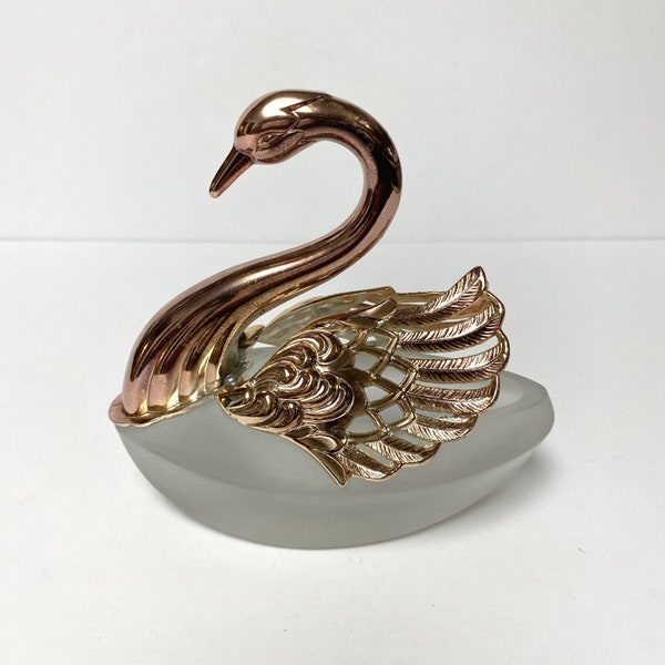 Vintage birks salt cellar large frosted glass swan E.P Zing made in Japan trinket or ring box jewelry box with movable wings