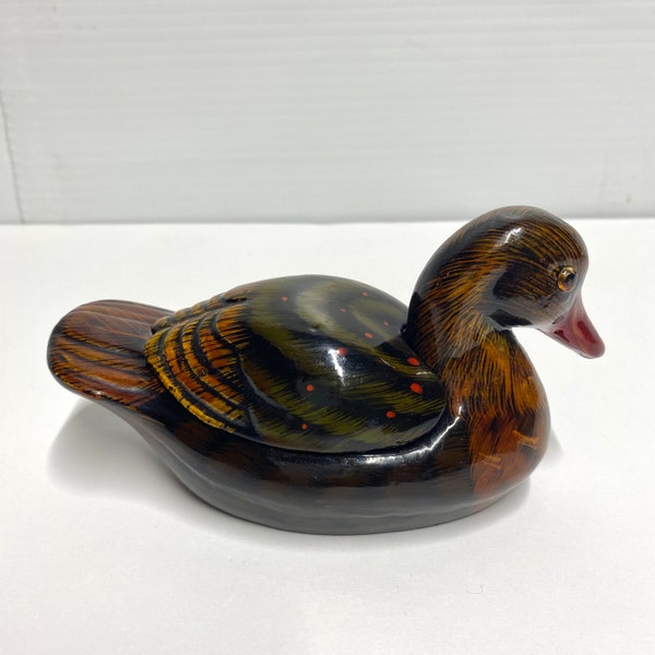 Vintage ceramic hand painted duck trinket box mallard figurine jewelry bird brown and black