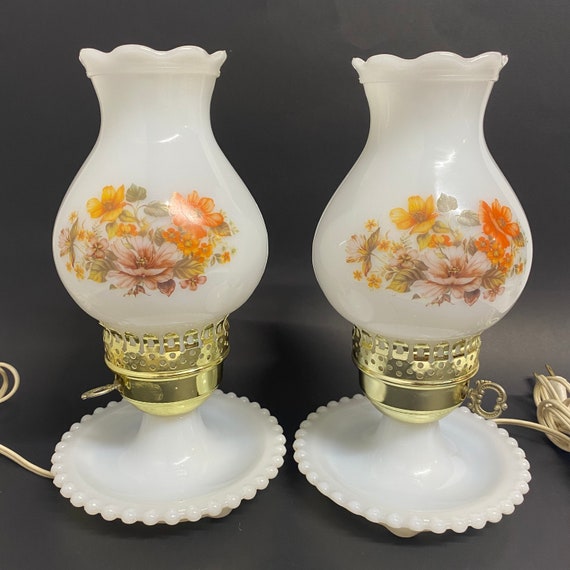 Vintage Pair of Milk Glass Floral Table Lamps Retro Glass