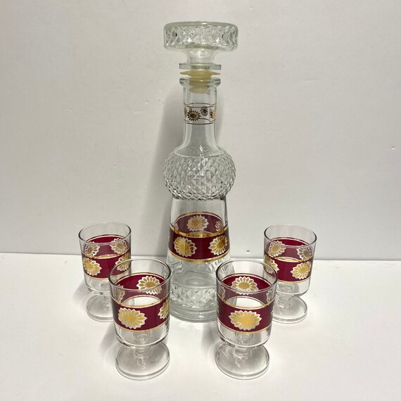 クリスタルガラス デキャンタ グラスセット 切子 クランベリー色