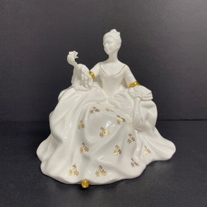 Vintage Royal Doulton ‘Antoinette’ lady figurine in white and gold dress and white rose HN 2326 collectible sculpture mcm made in England