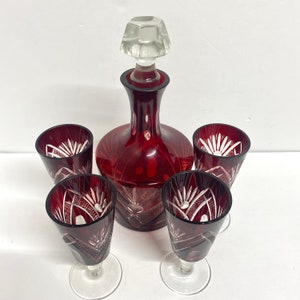 Vintage cut to clear bohemian decanter set in Ruby red glass set with 4 cordial glasses cranberry coloured boho chic barware decor