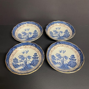 Vintage Booths echte oude wilgen dessertschalen #A8025 set van 3 of 4 Royal Doulton blauw witgouden rand gemaakt in Engeland