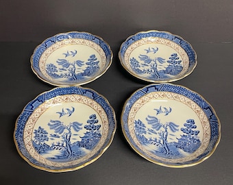 Vintage Booths real old willow fruit dessert bowls #A8025 set of 3 or 4 Royal Doulton blue white gold rim made in England