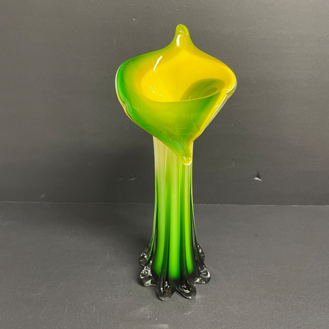 Vintage Calla Lily Glass Vase 11.5 Murano Style Jack in the Pulpit Ribbed Glass Art Mid Century