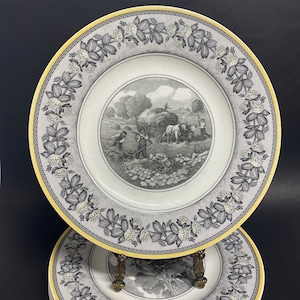 Vintage Villeroy und Boch Audun ferme 4er Set Essteller Männer bei der Heuernte mit Sicheln auf dem Bauernhof in den Farben Gelb, Weiß und Grau