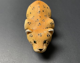 Vintage Artesania Rinconada leopard carved figurine animal enamelled signed sculpture made in Uruguay orange and black home decor