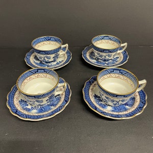 Vintage Booths echte oude theekopjes en schotels #A8025 set van 4 (8 stuks) Royal Doulton blauw wit met gouden rand gemaakt in Engeland