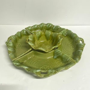 Vintage California pottery chip and dip dish serving platter #B412 green swirly design 5 piece drip glaze serving dish