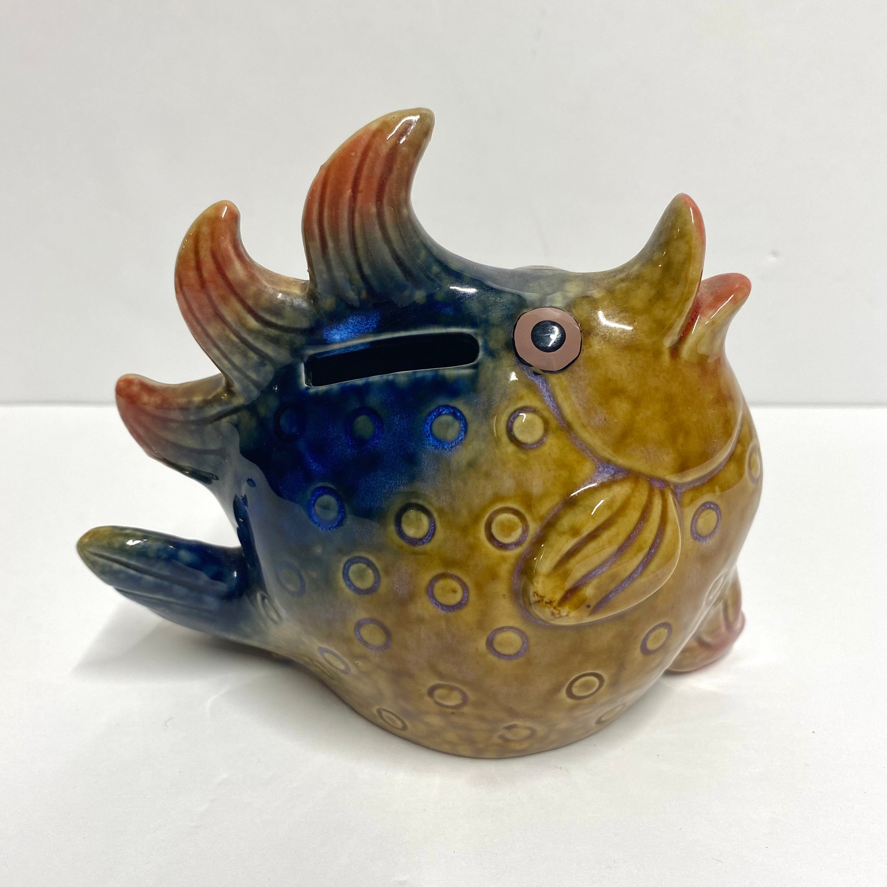 Vintage Ceramic Fish Piggy Bank Coin Bank Brown Blue and Red