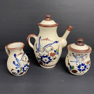 Vintage tonala teapot, sugar & creamer blue flowers bird brown floral design beige, cobalt blue and brown colours hand painted in Mexico
