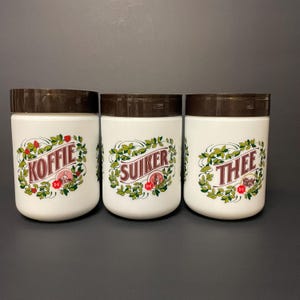 Vintage white opaline glass coffee, tea and sugar jars Set of 3 canisters from Douwe Egberts Dutch coffee brand jars made in Italy