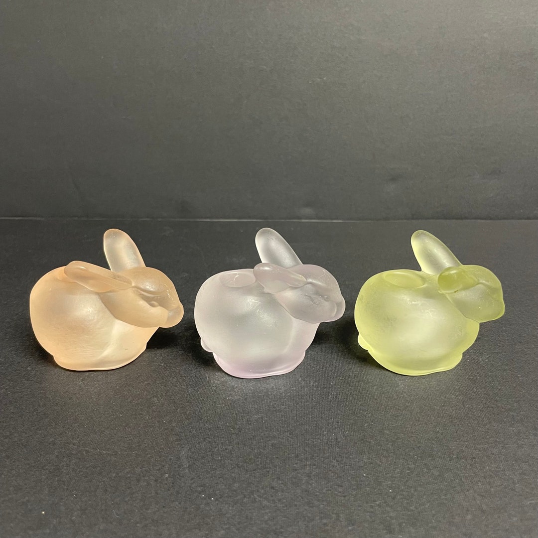 Vintage Frosted Glass Bunny Rabbit Candlestick Holders Set of 3 Peach