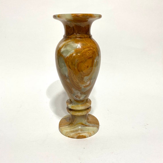 Vintage Onyx Marble Vase 7 3/4” Green and Brown Mantel Flower Vase