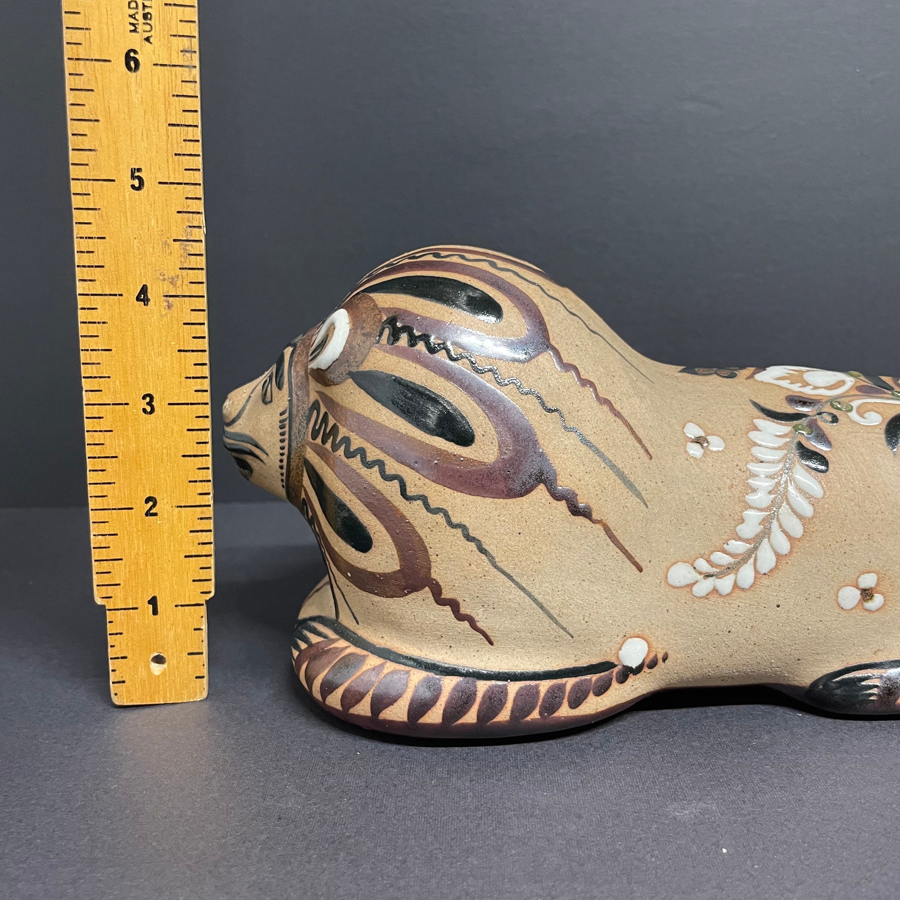 ヴィンテージ　メキシコ　陶器　置物　ライオン ヴィンテージの大型トナラライオンの置物、部族風、ブラウン、ブルー