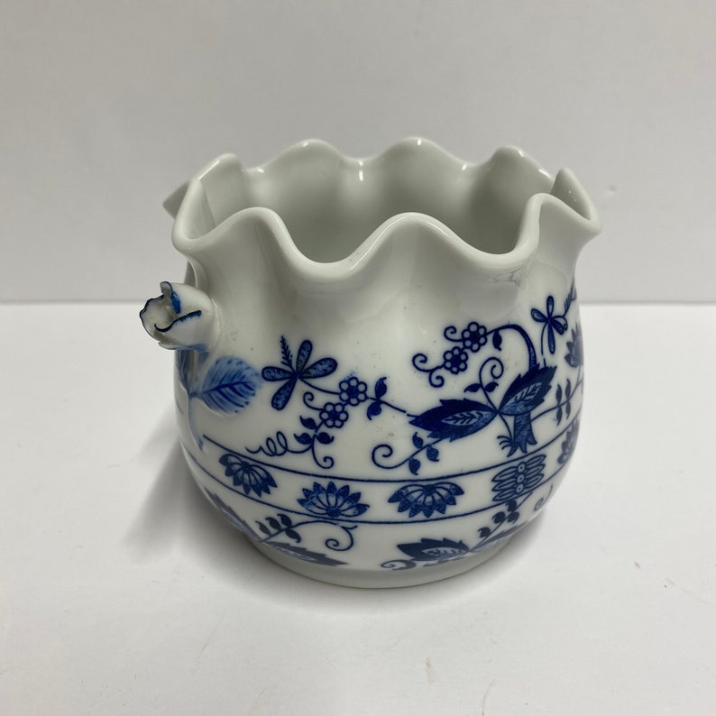 Vintage Vienna Woods blue and white planter candy or sugar dish with rose shaped handles and a ruffled top decorative for herbal garden image 4