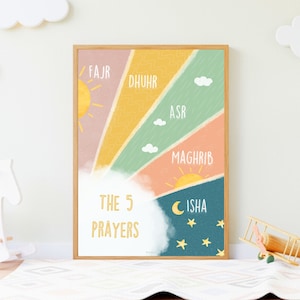 5 preghiere quotidiane stampa / stampa islamica per bambini / arte murale per bambini / regalo Eid per bambini / Salah per bambini / regalo Ramadan per bambini / asilo nido islamico