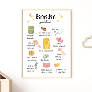 May include: A printable poster with a light yellow background and a crescent moon with stars. The poster has a title that says "Ramadan good deeds" and lists several good deeds to do during Ramadan, such as reciting the Quran, giving dates to parents at Iftar, visiting the sick, and donating to the needy.