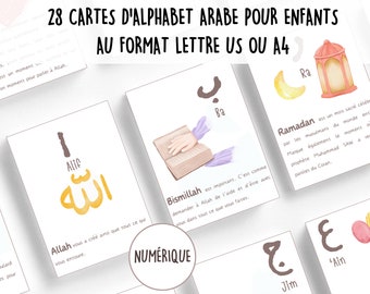 Cartes de l'alphabet arabe (version française) | Cartes islamiques pour enfants | Cartes de vœux en arabe islamique | Flashcards de mots islamiques | Cartes imprimables pour enfants