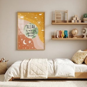 May include: A rectangular wall art print in a wooden frame featuring a mustard yellow background with abstract pink and white waves, a green circular center, and the text "ALLAH is with you wherever you are" surrounded by small white stars, clouds, and a moon.