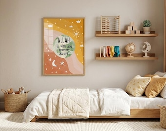 May include: A rectangular wall art print in a wooden frame featuring a mustard yellow background with abstract pink and white waves, a green circular center, and the text "ALLAH is with you wherever you are" surrounded by small white stars, clouds, and a moon.